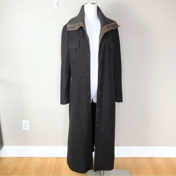 Vintage brown wool long maxi duster leather trim S/M - Picture 1 of 13